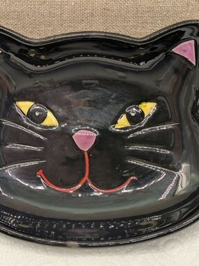 Black Cat Ceramic Trinket, Soap, Pet Dish with Yellow Eyes and Pink Accent